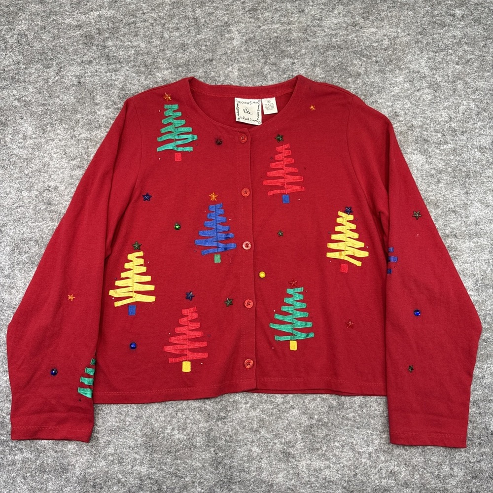 Michael Simon cardigan sweater women's XL red festive holiday Christmas ribbon